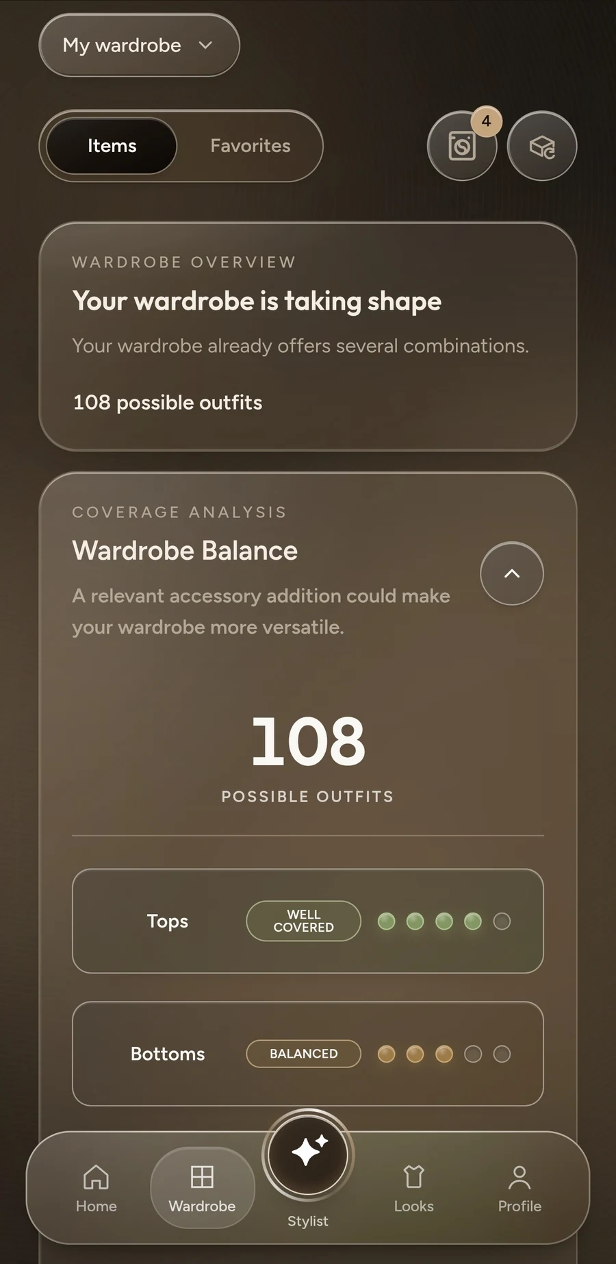 Capture réelle de Drezit : My wardrobe, 108 tenues possibles et analyse de couverture Wardrobe Balance