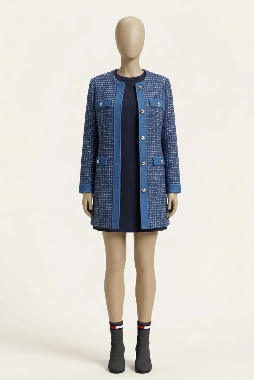 Mannequin Drezit féminin en veste en tweed bleue, robe marine et bottines