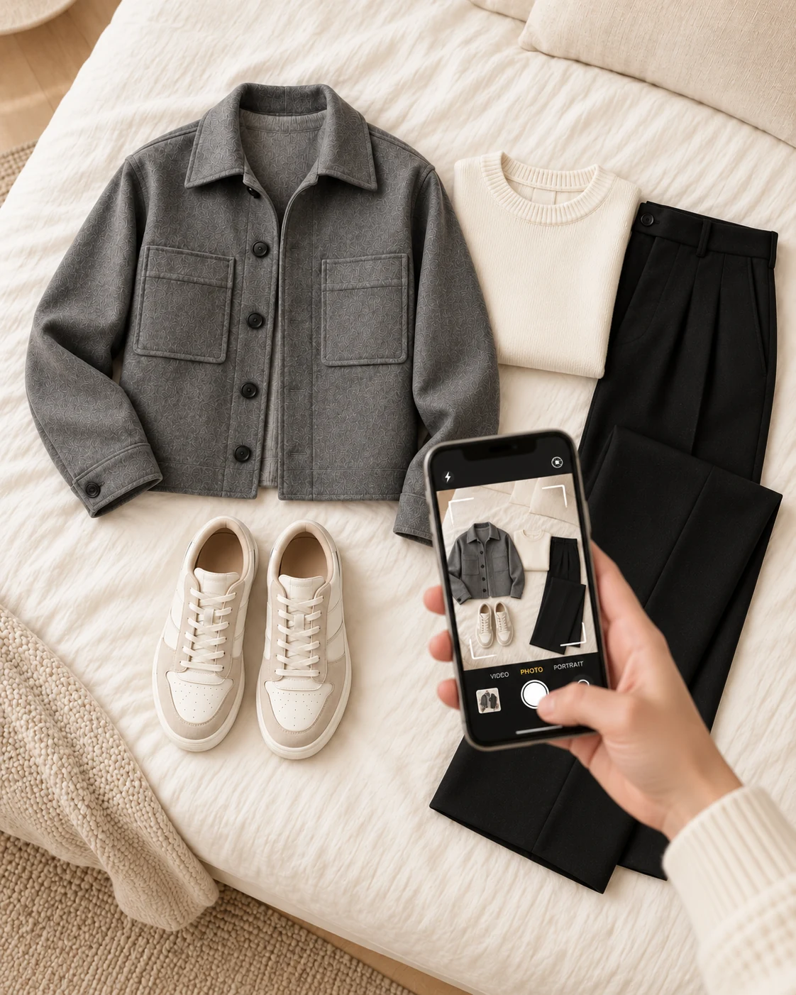 Une main photographie avec un smartphone une tenue posée à plat : veste grise, pull clair, pantalon noir et baskets