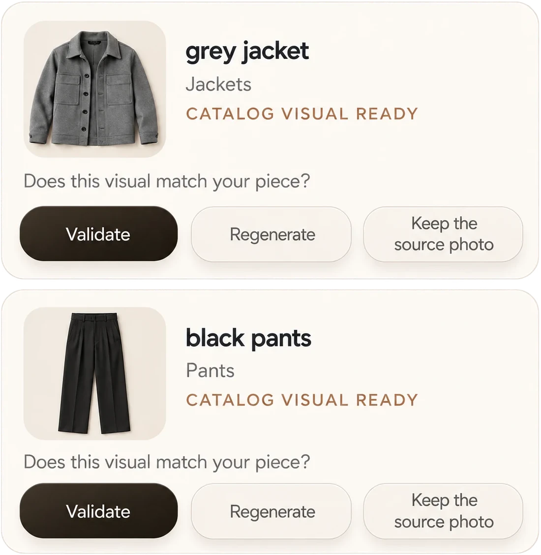 Articles détectés : veste grise et pantalon noir, chacun avec son visuel catalogue