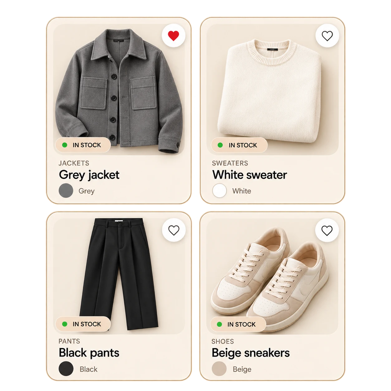 Cartes du dressing : veste grise, pull blanc, pantalon noir et baskets beiges